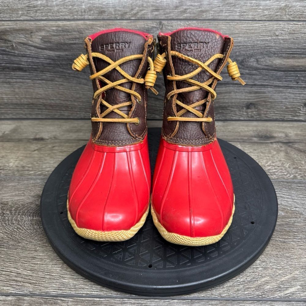 Sperry Top-Sider Saltwater Rain Boots Leather Rubber Women's Size 7.5 Red Brown - Picture 2 of 10